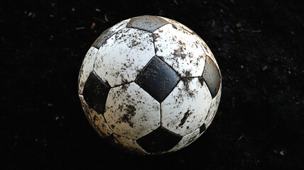 Worn soccer ball on a dark surface, highlighting signs of wear and outdoor play