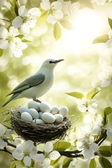 Wall Mural - A serene scene of a bird on a nest filled with eggs, surrounded by blooming flowers.