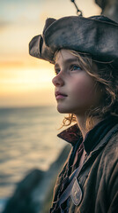 Wall Mural - Young Pirate Gazing at Sunrise from Coastal Cliffs  