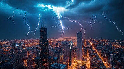 lightning strikes over a cityscape at night