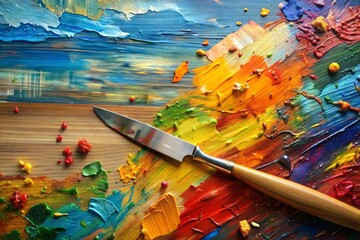 Poster - Colorful oil paint palette with palette knife close-up