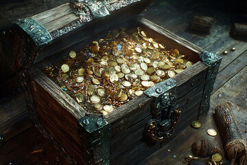 Ancient Pirate Treasure Chest Overflowing with Coins and Jewels  