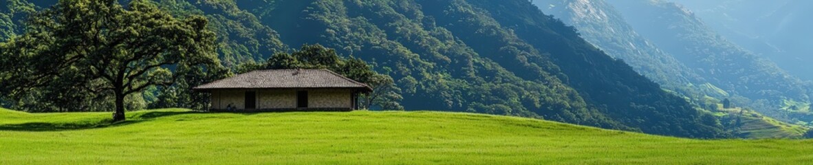 Wall Mural - A peaceful landscape featuring a solitary house nestled in lush green grass, surrounded by majestic mountains and trees under a clear blue sky.