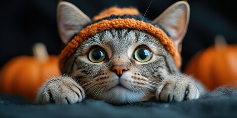 Portrait of a dressed up funny cat in a yellow knitted hat and scarf is looking up. An autumn cat in a cozy atmosphere