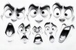 © furyon - playful retro cartoon character faces with exaggerated expressions sketched in bold black and white embodying the whimsical charm of 50s animation set against a crisp white background