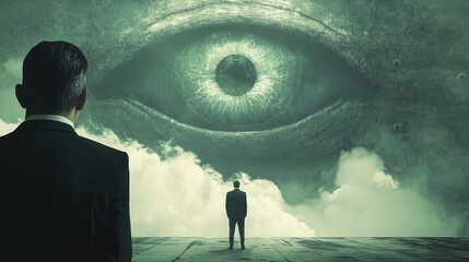 Poster - A man stands in front of a large eye, looking up at it