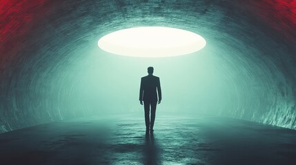 Poster - A man is walking through a tunnel with a large hole in the ceiling