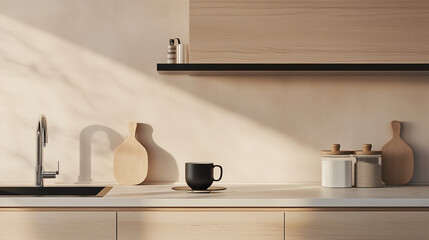 Minimalist kitchen featuring one open black shelf holding a single coffee mug, with light wood accents and clean surfaces