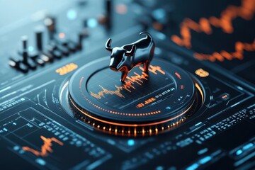 Wall Mural - a digital bull statue on a futuristic stock market dashboard with graphs and data visualizations, sy