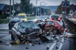© Vadym - Car accident scene on highway in Germany. Black car with silver license plate severely damaged, lies on side. Crumpled front end, bent rear end. Debris surrounds car, including tire, broken