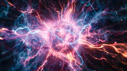 Wall Mural - futuristic energy bomb exploding in vibrant neon plasma bursts with electric arcs