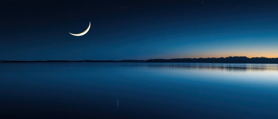 Wall Mural - Minimalist Moon: A peaceful night sky with a glowing crescent moon over a still body of water, creating a sense of tranquility. 