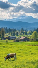 Canvas Print - A serene landscape featuring a cow grazing in a lush green field with mountains in the background.