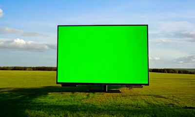 blank billboard with green screen on a grassy field, a vast canvas for advertising under the expansi