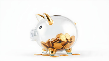 3d piggy bank made with glass and filled by golden coins isolated white background. Generative AI