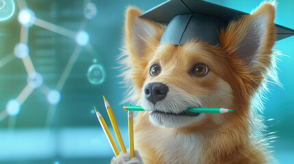 dog wearing graduation cap holds pencils in its mouth, symbolizing achievement and education. This adorable scene captures joy of learning and celebration