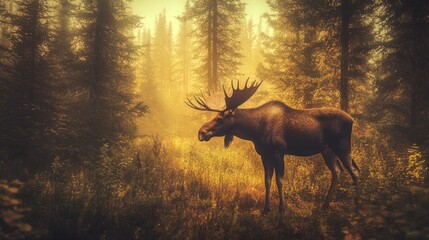 Canvas Print - A majestic moose stands in a serene, sunlit forest, surrounded by tall trees and greenery.