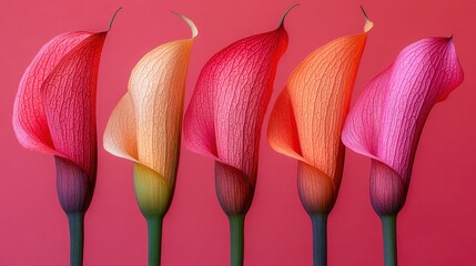 Poster - Five Colorful Calla Lilies on Red Background