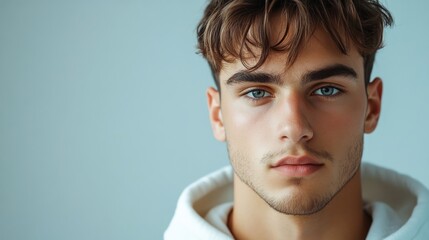 Close-up portrait of a young man with blue eyes and a serious expression.