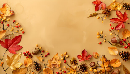 Beautiful golden leaves, berries and acorn on beige background, flat lay with space for text. Autumn decor