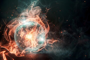 Wall Mural - magical glowing orb bomb exploding with mystical energy waves and arcane symbols on black background