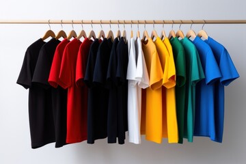 Poster - T-shirts and pullovers white background clothesline arrangement.