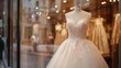 © KYR - Exquisite wedding dress with embroidered details, hanging in a luxury store window, highlighting the beauty