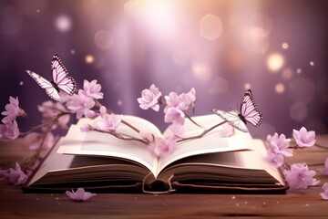 Wall Mural - Open book with magic flower publication nature.