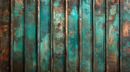 Close up of a weathered copper metal sheet with a teal patina.