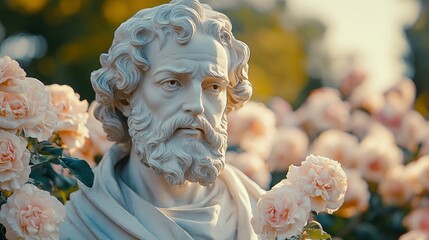 Wall Mural - Marble Bust of a Man with a Beard Amidst a Field of Pink Roses