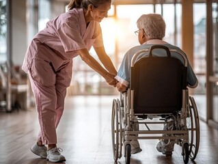 An elder care specialist assisting an elderly patient with mobility exercises in a warm, welcoming care facility