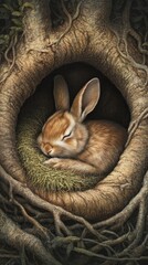 Canvas Print - A peaceful rabbit sleeping in a cozy nest within a tree's hollow.