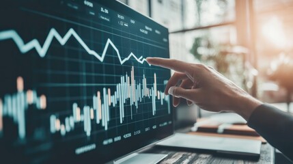 Modern office setup with a hand pointing to a success arrow on a financial chart