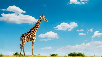 Sticker - Giraffe Stretching Its Neck to Reach High Leaves in Serengeti Savanna Landscape with Clear Blue Sky