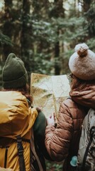 Canvas Print - Two hikers studying a map in a lush forest setting.