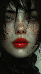 Canvas Print - Intense Close-Up Portrait of a Woman with Red Lips and Wet Hair