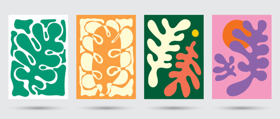 Wall Mural - Abstract collection contemporary botanical wall art set with plants, leaf, flower in hand drawn style.  Flat vector illustration for interior