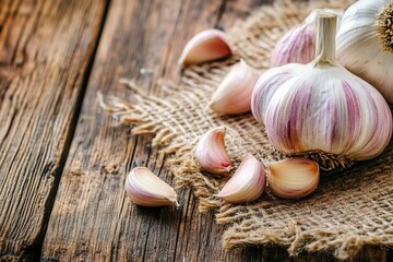 Fresh garlic bulbs and cloves on rustic wooden background