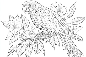 Wall Mural - Parrot sitting on a branch surrounded by flowers and leaves in a detailed black and white coloring page