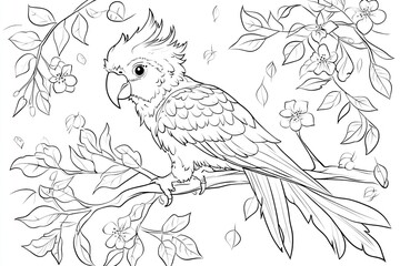 Wall Mural - Parrot sitting on a branch surrounded by flowers and leaves in a detailed black and white coloring page