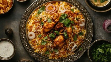 Top view of a vibrant Chicken Biryani spread with all the traditional garnishes, including coriander and fried onions,