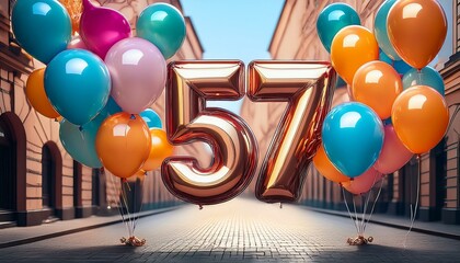 Banner with number 57 colorful balloons with copy space