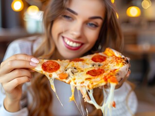 Cheerful Woman Savoring Massive Slice of Delicious Pizza in Cozy Diner Setting