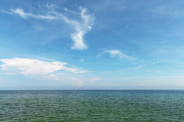 Serene seascape with calm ocean waters meeting a clear blue sky. The horizon line blends smoothly, creating a peaceful and tranquil natural scene. Perfect for backgrounds, travel, and nature.