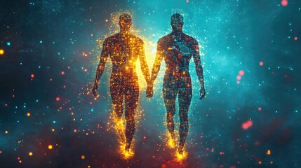 abstract figures with bodies made of glowing circuits and digital patterns, symbolizing the merger o