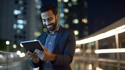 An attractive businessman holding an iPad and smiling while standing outdoors at night, with the city lights in the background. 