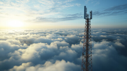 Wall Mural - a towering telecommunication tower equipped with 5g radio modules and smart antennas stands against 