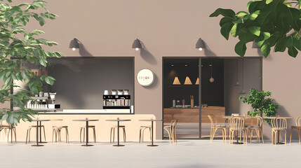 3D illustration of a modern minimalist coffee shop landscape. Architectural design perspective, construction of a fantasy building.