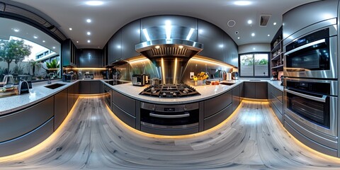 Poster - An immersive 360-degree equirectangular panorama of a state-of-the-art kitchen in a modern house, featuring stainless steel appliances, quartz