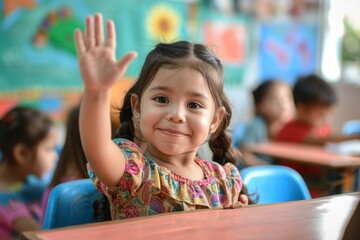 Wall Mural - Little chubby latina student raise her hand classroom child joy.